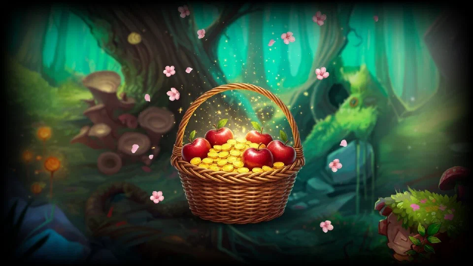 A wicker basket brimming with red apples and gold coins in a moonlit glade with golden sparkles