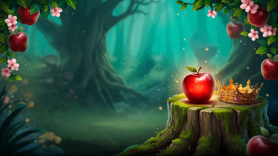 A glossy red apple and a golden crown on a mossy tree stump in an enchanted forest, apple branches with pink blossoms above